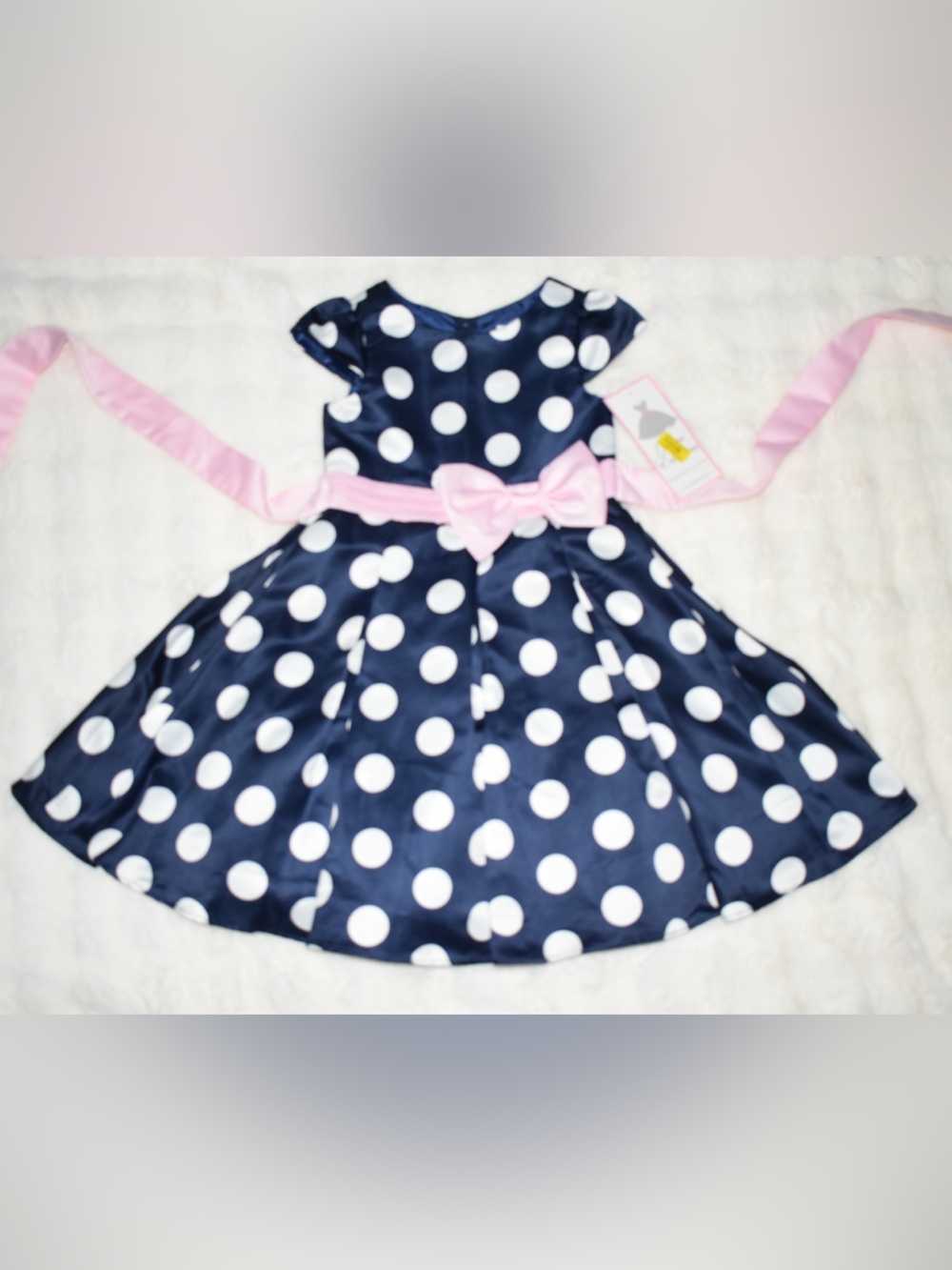 Rare Editions Navy Dress with White Polka Dots and Pink Bow